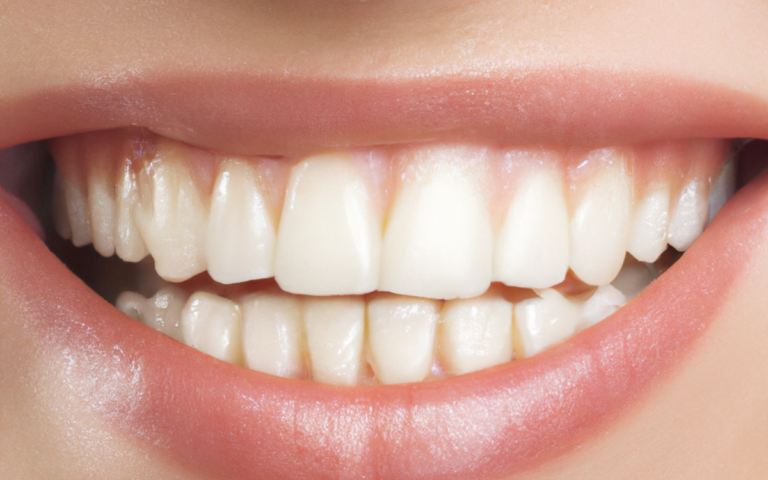 A detailed close-up of a perfect set of white teeth and lips in a bright smile.