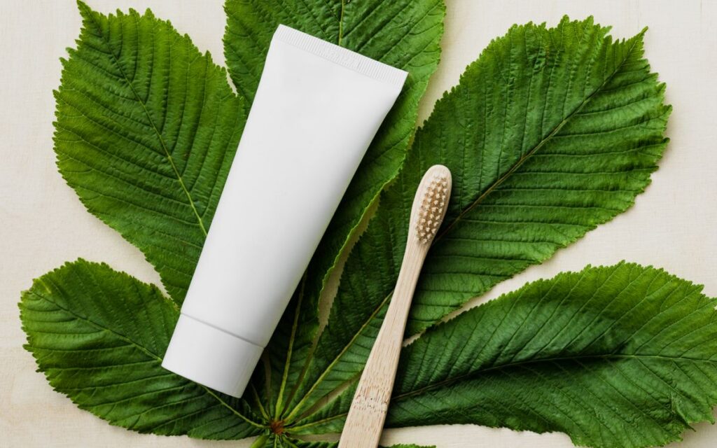 Top view of white mockup tube of natural toothpaste and eco friendly bamboo toothbrush placed flat on big green chestnut